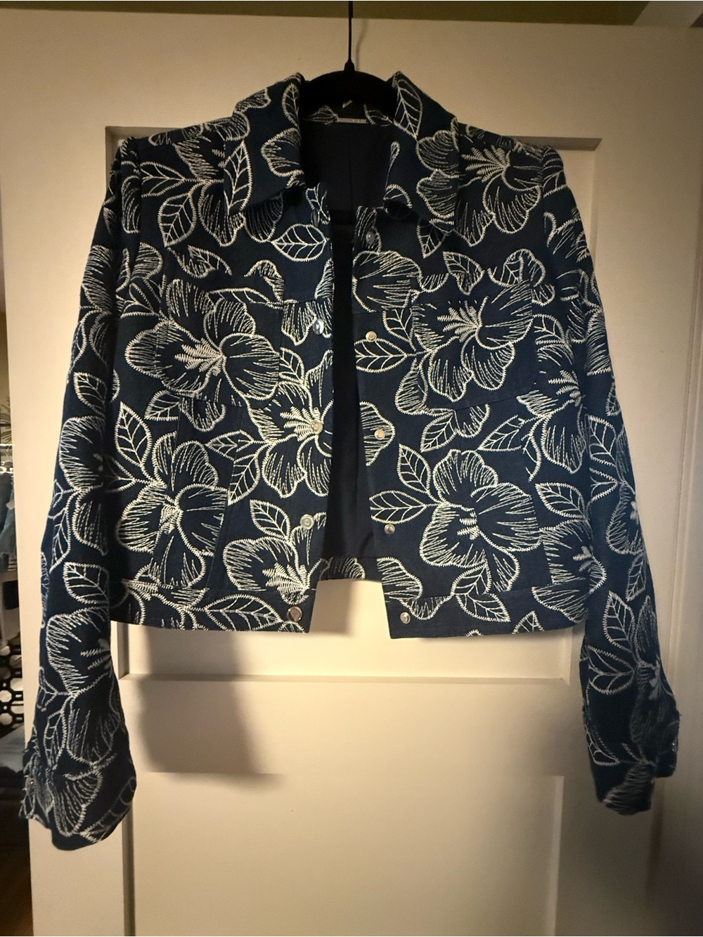 Elie Tahari Navy and White Floral Jean Jacket